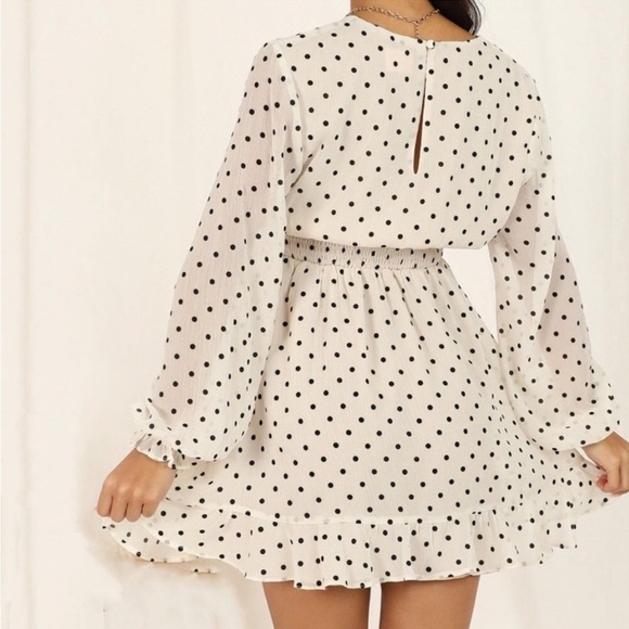 ShowPo PRETTY AS YOU MINI DRESS LONG SLEEVE SHIRRED WAIST IN OFF WHITE POLKA-DOT - Picture 4 of 8